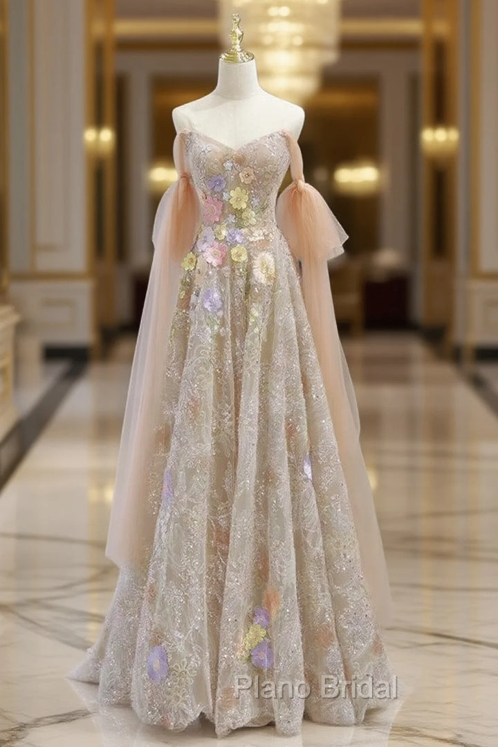 Champagne Tulle Sequins Strapless Appliques Formal Prom Dres Main image