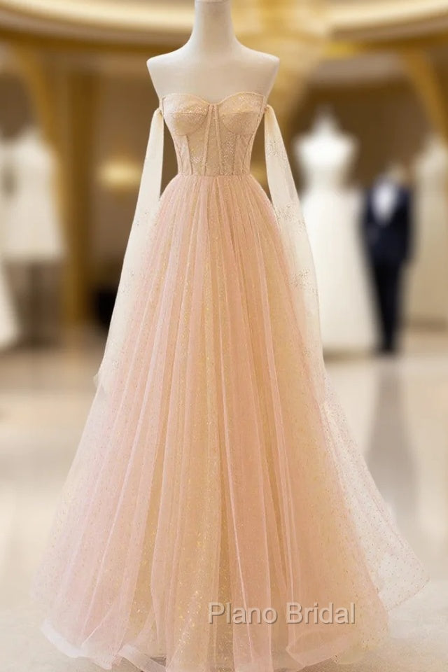 Champagne Tulle Sequins Strapless Formal Prom Dresses