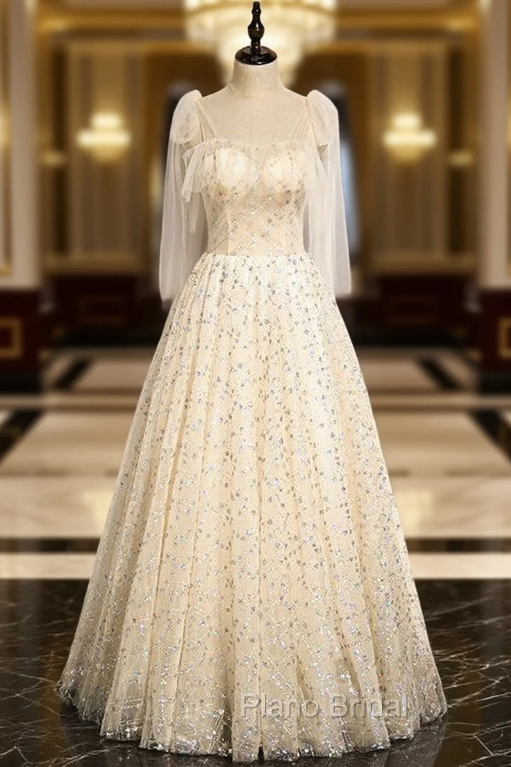 Champagne Tulle Sequins Straps Formal Prom Dresses