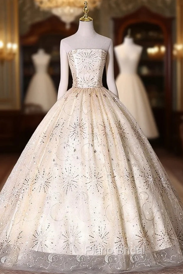 Champagne Tulle Sequins Straps Quinceanera Dresses