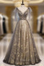 Champagne Tulle Sequins V-neck Beading Formal Prom Dresses