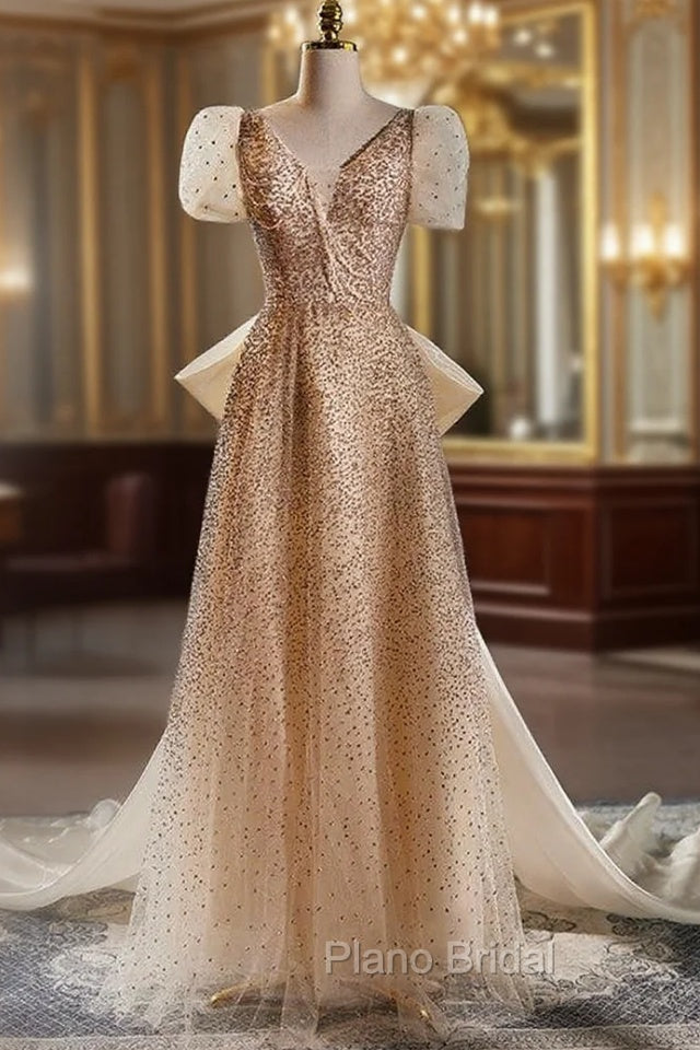 Champagne Tulle Sequins V-neck Short Sleeve Formal Prom Dresses