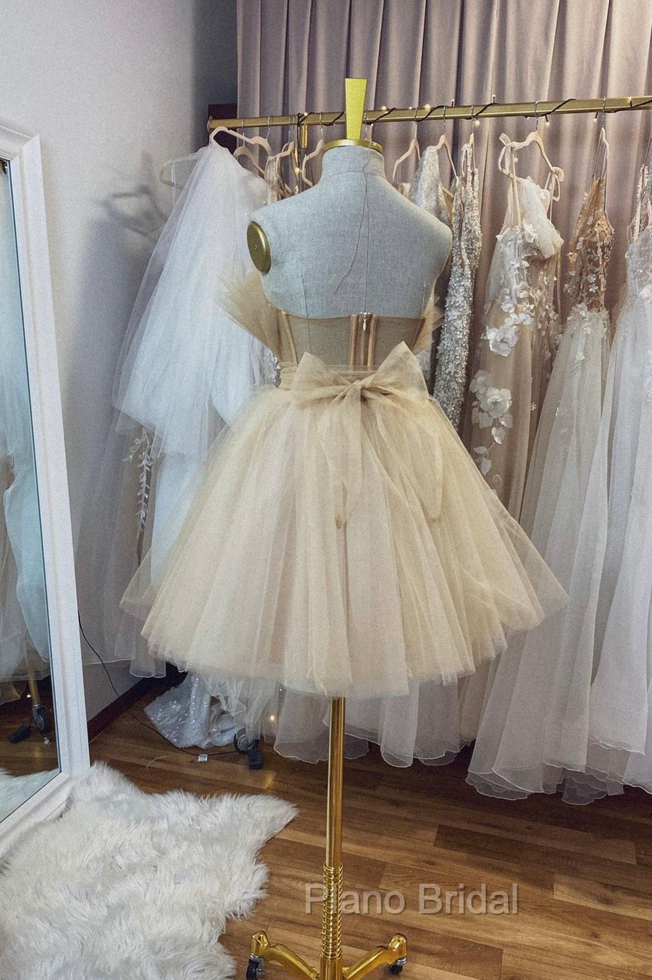 Champagne Tulle Short A-Line Formal Prom Dresses, Lovely Strapless Party Dresses