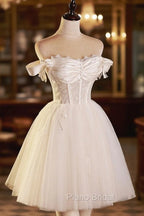 Champagne Tulle Short A-Line Formal Prom Dresses, Off the Shoulder Evening Party Dresses
