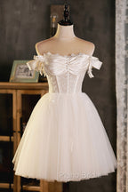 Champagne Tulle Short A-Line Formal Prom Dresses, Off the Shoulder Evening Party Dresses