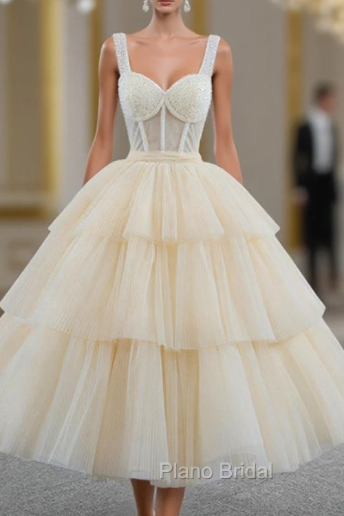 Champagne Tulle Short Formal Prom Dresses with Beaded, A-Line Tea Length Party Dresses