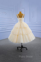 Champagne Tulle Short Formal Prom Dresses with Beaded, A-Line Tea Length Party Dresses