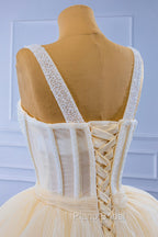 Champagne Tulle Short Formal Prom Dresses with Beaded, A-Line Tea Length Party Dresses