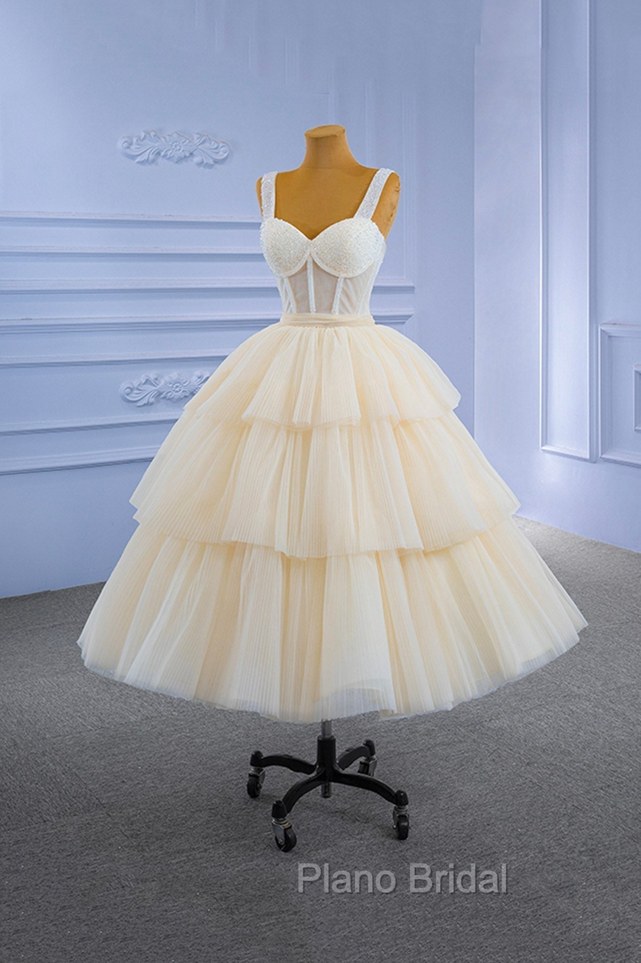 Champagne Tulle Short Formal Prom Dresses with Beaded, A-Line Tea Length Party Dresses Main image