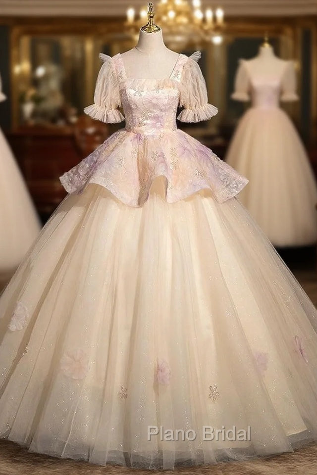 Champagne Tulle Short Sleeve Flower Sequins Quinceanera Dresses Main image