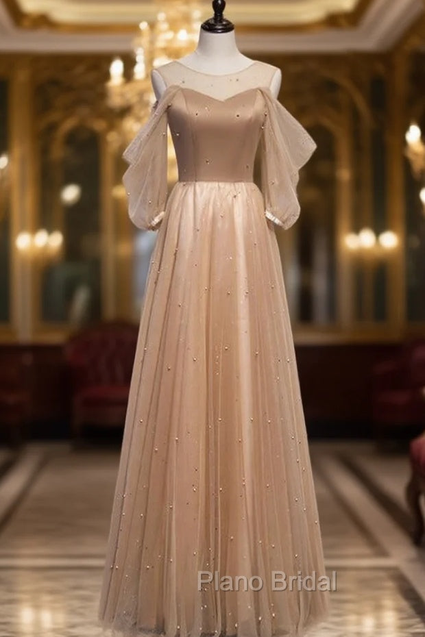 Champagne Tulle Short Sleeve Pearls Formal Prom Dresses