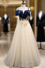 Champagne Tulle Spaghetti Straps Appliques Formal Prom Dresses