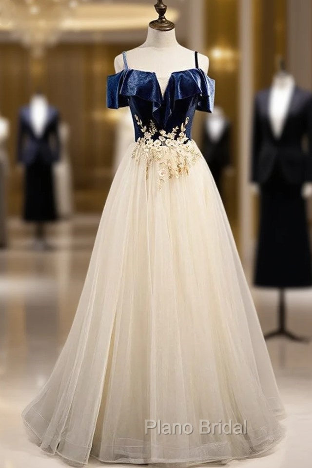 Champagne Tulle Spaghetti Straps Appliques Formal Prom Dresses Main image
