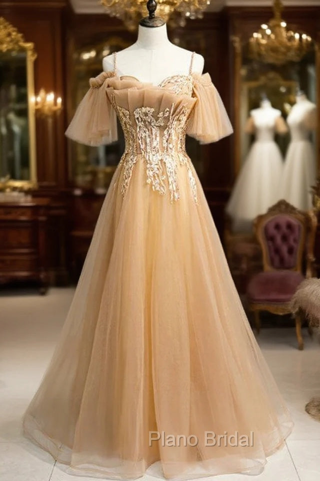 Champagne Tulle Spaghetti Straps Beading Formal Prom Dresses