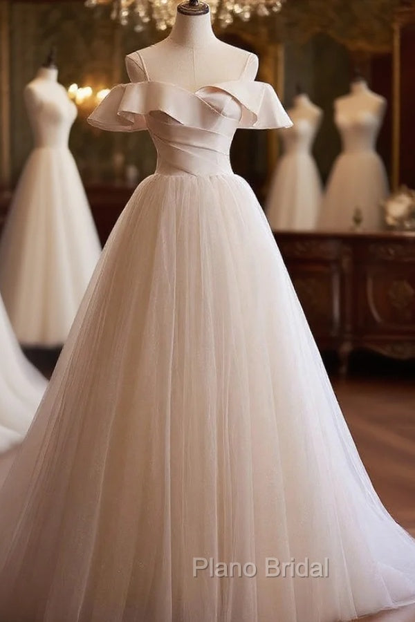 Champagne Tulle Spaghetti Straps Pleats Wedding Dresses Main image