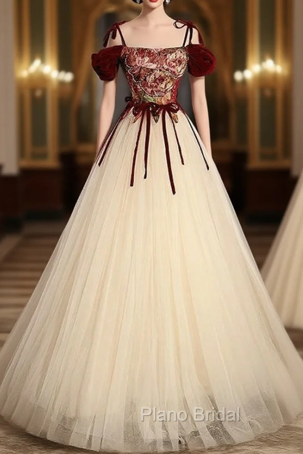 Champagne Tulle Spaghetti Straps Formal Prom Dresses