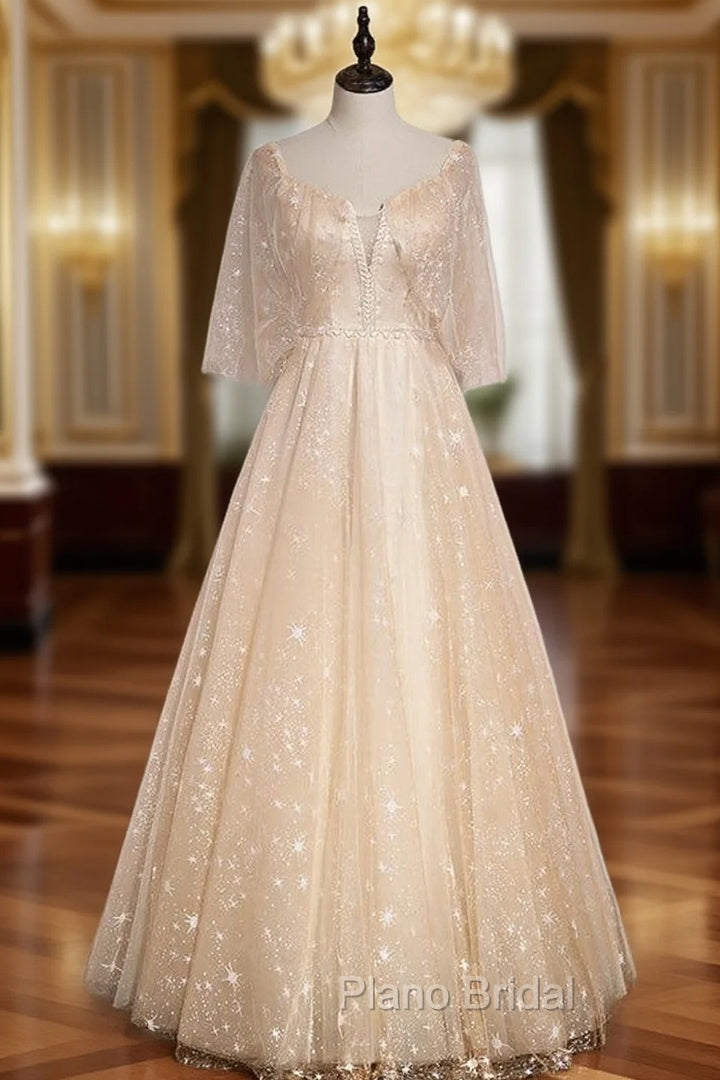Champagne Tulle Square Beading Formal Prom Dresses