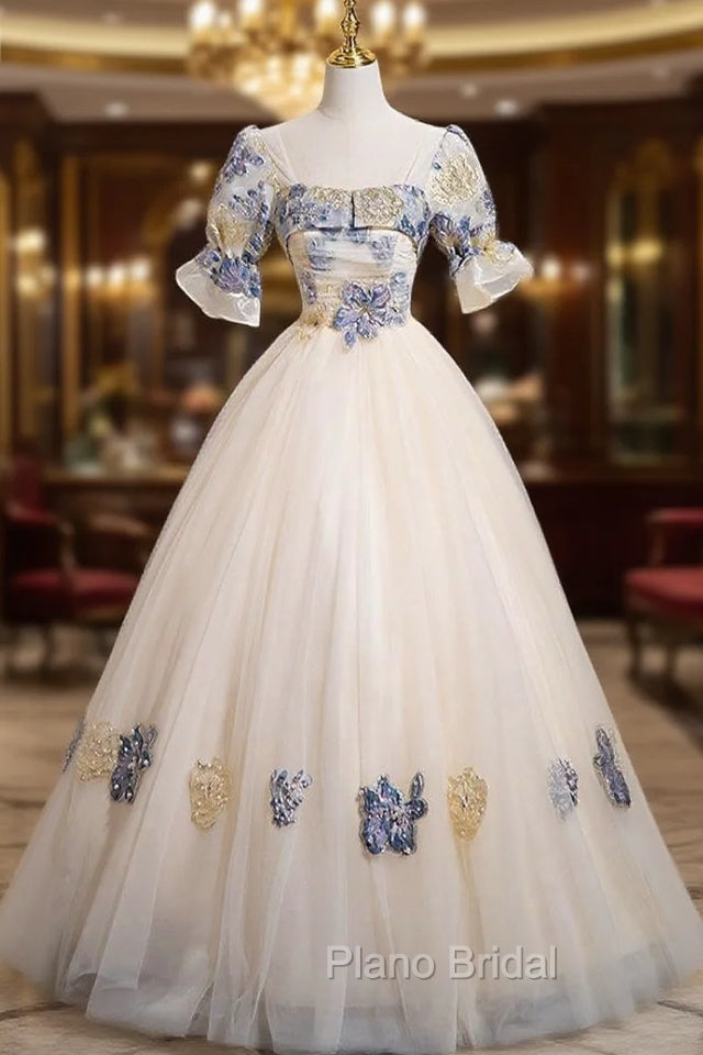 Champagne Tulle Square Neck Short Sleeve Quinceanera Dresses