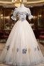 Champagne Tulle Square Neck Short Sleeve Quinceanera Dresses