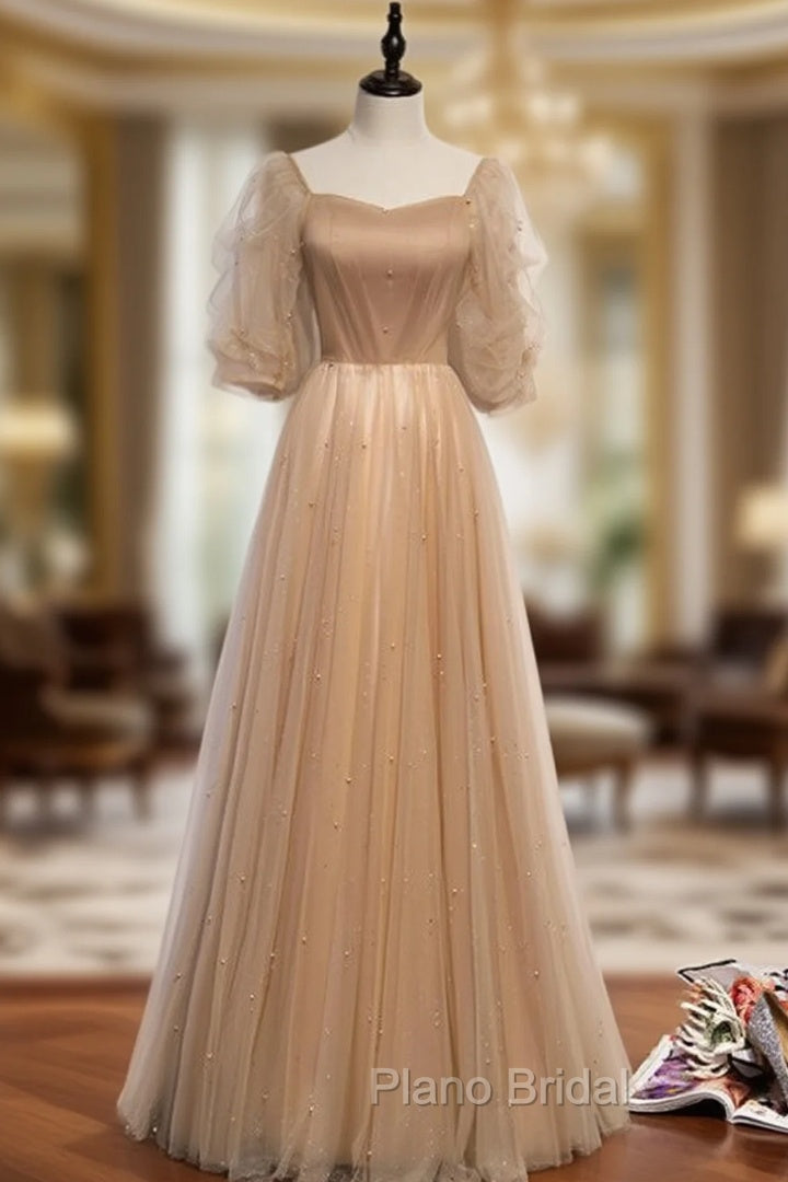 Champagne Tulle Square Puff Sleeve Pearls Formal Prom Dresses