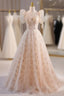 Champagne Tulle Square Puff Sleeve Formal Prom Dresses