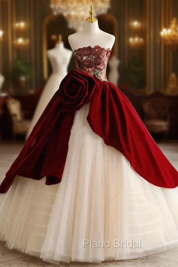 Champagne Tulle Strapless Burgundy Velvet Formal Prom Dresses Main image