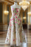 Champagne Tulle Strapless Embroidery Flower Formal Prom Dresses