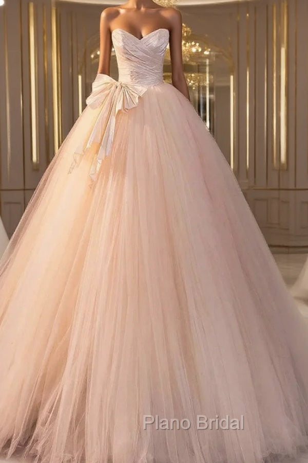 Champagne Tulle Strapless Pleats Bow Wedding Dresses Main image