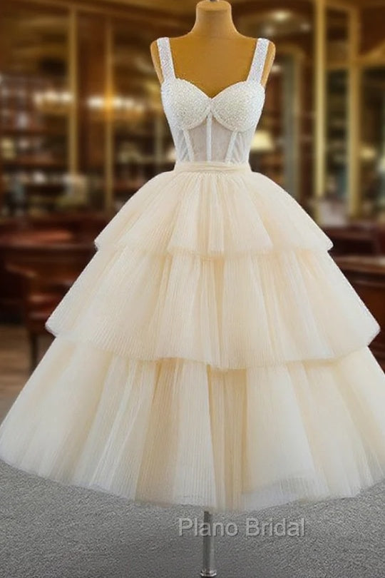 Champagne Tulle Straps Tiers Beading Short Formal Prom Dresses