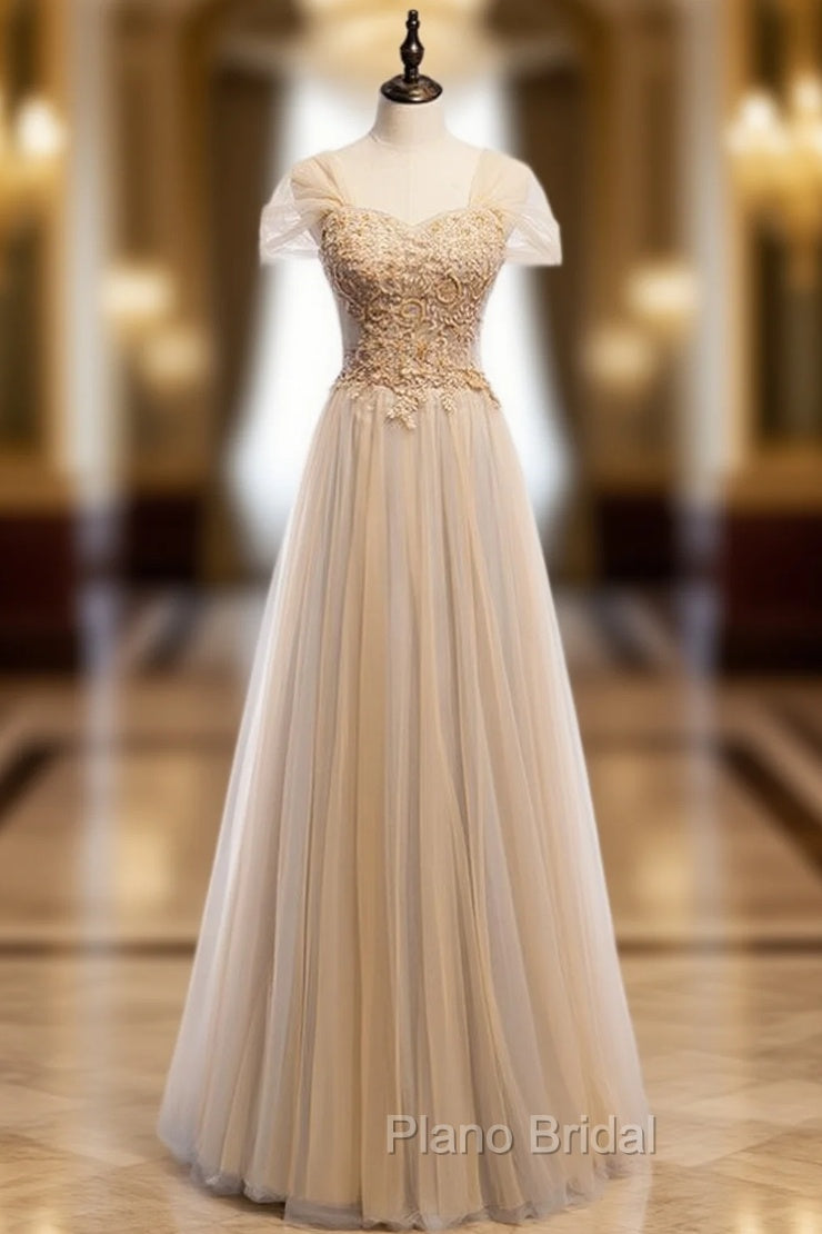 Champagne Tulle Sweetheart Beading Sequins Formal Prom Dresses