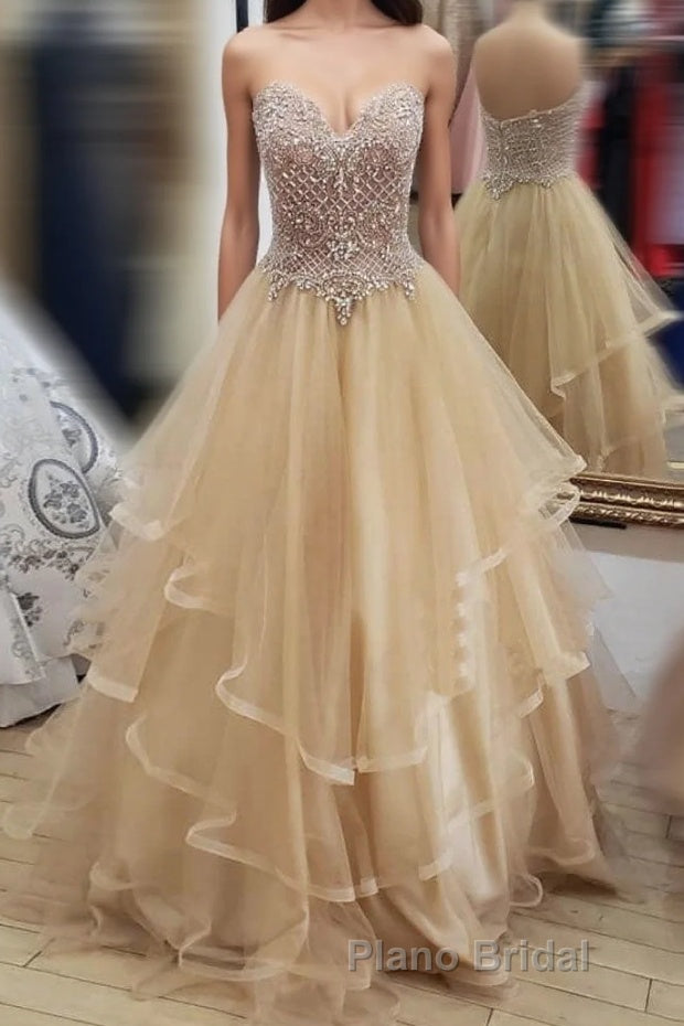 Champagne tulle sweetheart long Formal Prom dress, champagne evening dress Main image