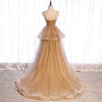 Champagne Tulle Sweetheart Straps Long Ball Gown Formal Prom Dresses, Champagne Party Dresses