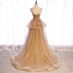 Champagne Tulle Sweetheart Straps Long Ball Gown Formal Prom Dresses, Champagne Party Dresses