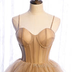 Champagne Tulle Sweetheart Straps Long Ball Gown Formal Prom Dresses, Champagne Party Dresses