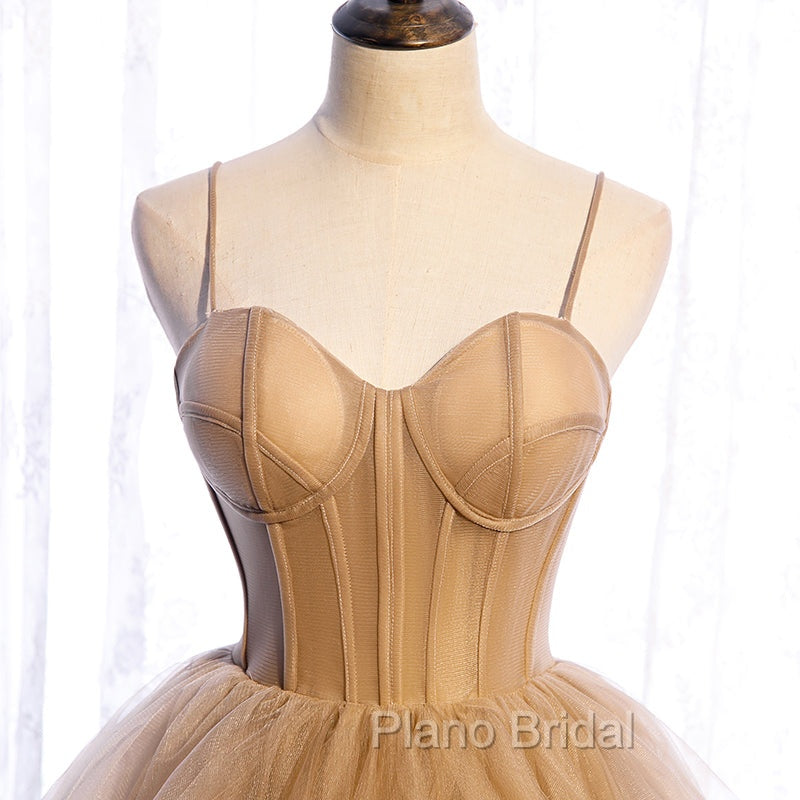 Champagne Tulle Sweetheart Straps Long Ball Gown Formal Prom Dresses, Champagne Party Dresses