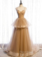 Champagne Tulle Sweetheart Straps Long Ball Gown Formal Prom Dresses, Champagne Party Dresses