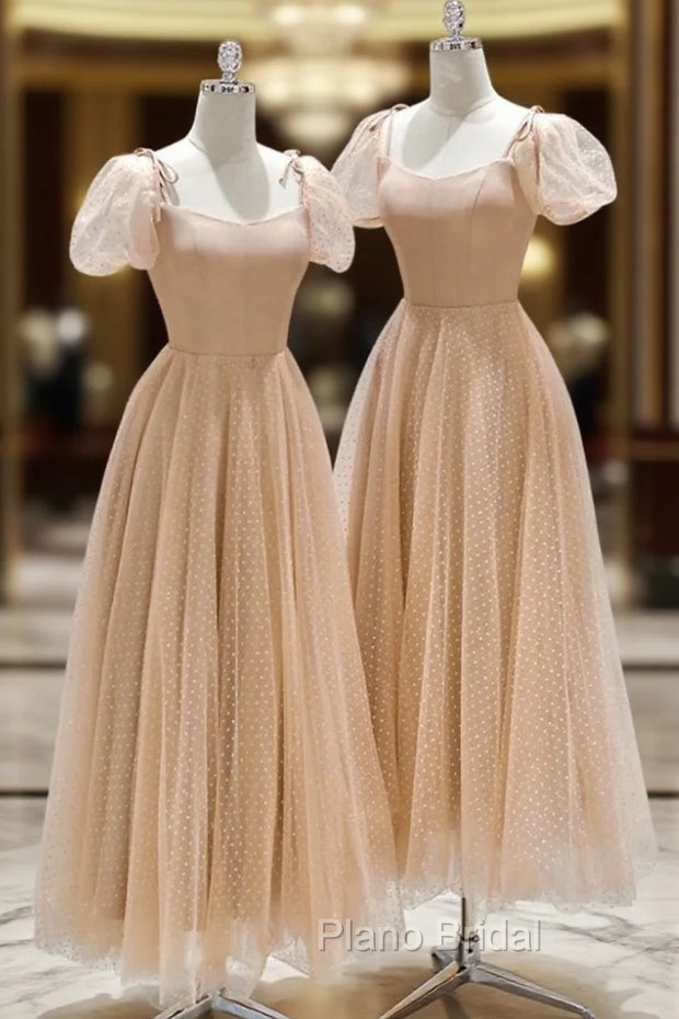 Champagne Tulle Tea Length Formal Prom Dresses, Cute Short Sleeve Evening Dresses Main image