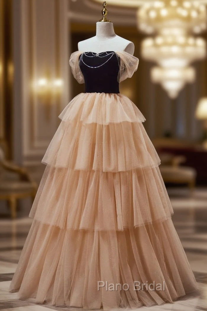 Champagne Tulle Tiers Beading Formal Prom Dresses