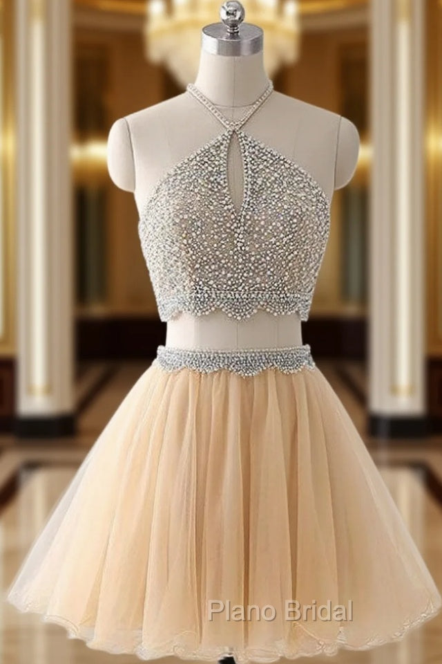 Champagne Tulle Two Piece Halter Homecoming Dresses With Beading Main image
