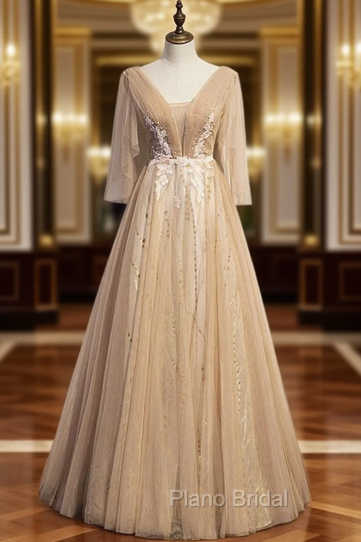 Champagne Tulle V-nec Backless Pleats Formal Prom Dresses