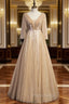 Champagne Tulle V-nec Backless Pleats Formal Prom Dresses