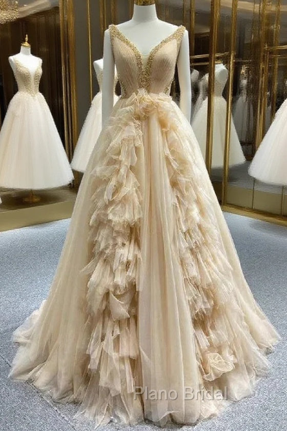 Champagne Tulle V-neck Beading Formal Prom Dresses