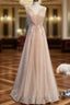 Champagne Tulle V-neck Beading Sequins Formal Prom Dresses