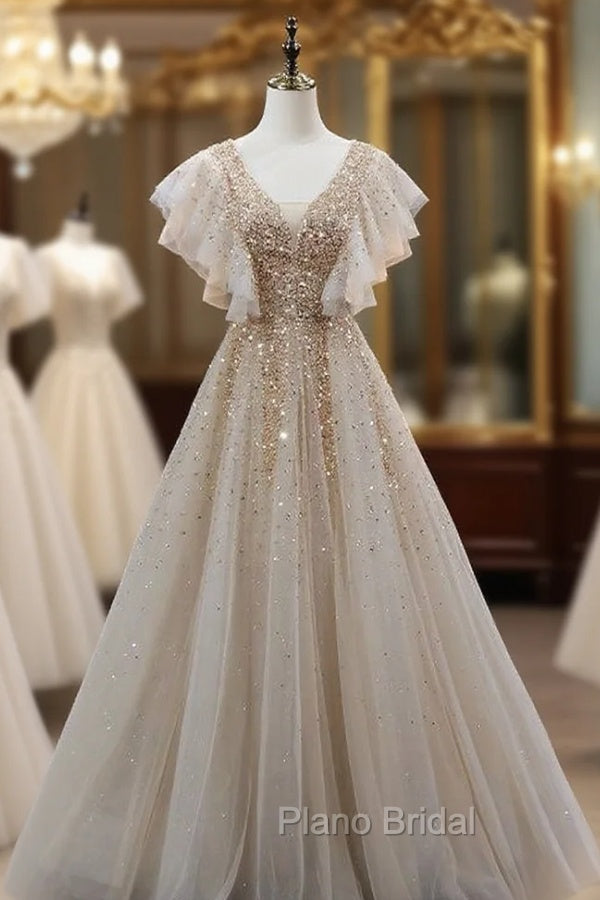 Champagne Tulle V-neck Heavy Beading Formal Prom Dresses