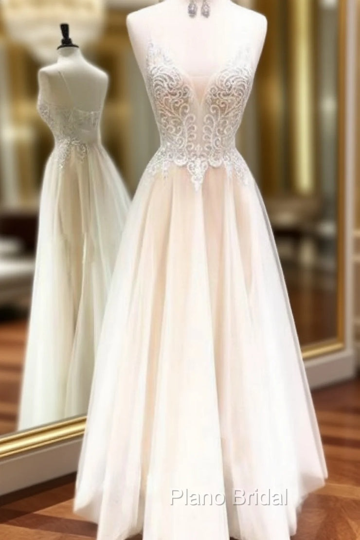 Champagne Tulle V Neck Lace Backless Long Formal Prom Dresses Main image
