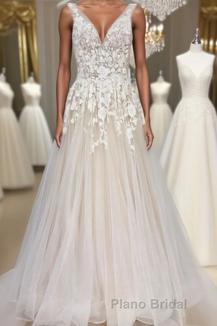 Champagne tulle v neck lace long Formal Prom dress champagne formal dress Main image