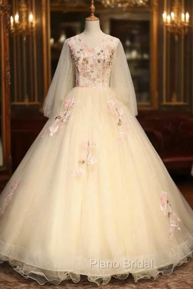 Champagne Tulle V-neck Long Sleeve Appliques Beading Quinceanera Dresses Main image