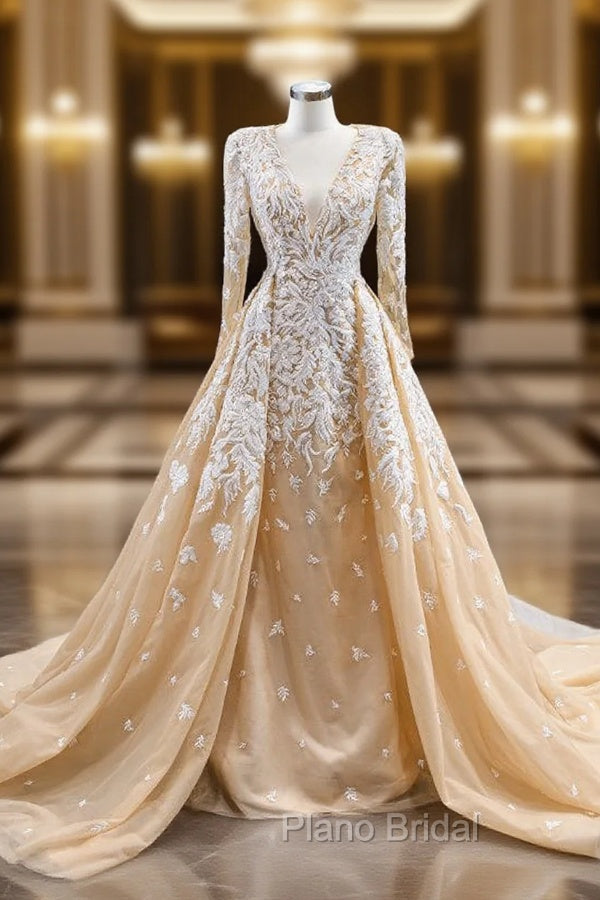 Champagne Tulle V-neck Long Sleeve Formal Prom Dresses With Detachable Train