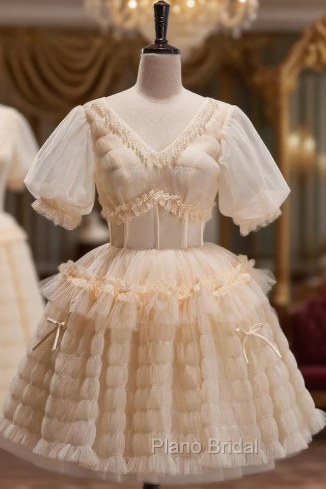 Champagne Tulle V-neck Puff Sleeve Homecoming Dresses