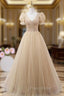 Champagne Tulle V-neck Short Sleeve Pleats Beading Formal Prom Dresses